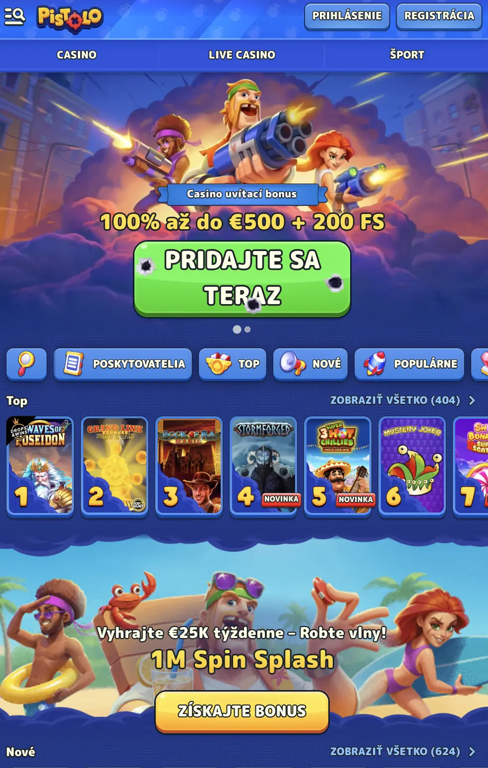 Hlavná stránka Pistolo Casino s uvítacím bonusom až 500 € + 200 FS a promo akciou 1M Spin Splash